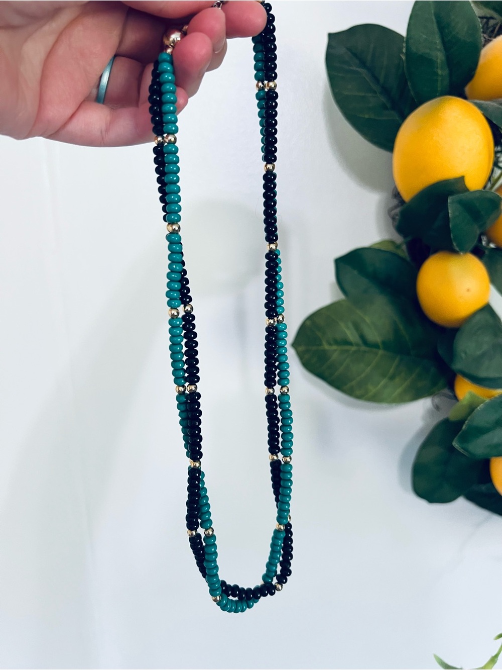 Vintage Teal and Black Beaded Double Strand Necklace Indie Festival